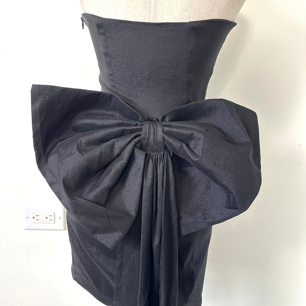 Black Strapless Cocktail Mini Dress M Bodycon Detachable Bow Train Coquette Prom - Picture 7 of 10